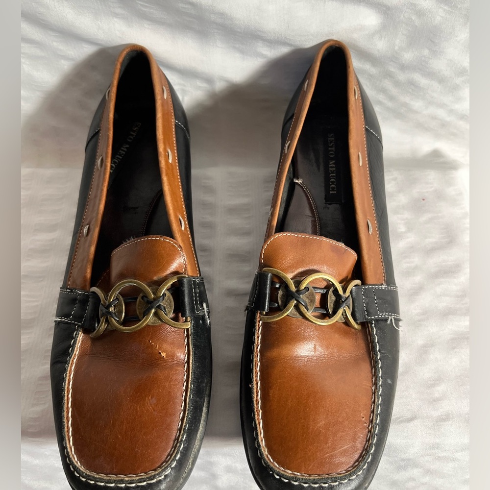 Sesto Meucci Womens Leather Shoes Size 7.5 Black/Brown Slip On Loafers US Size 8